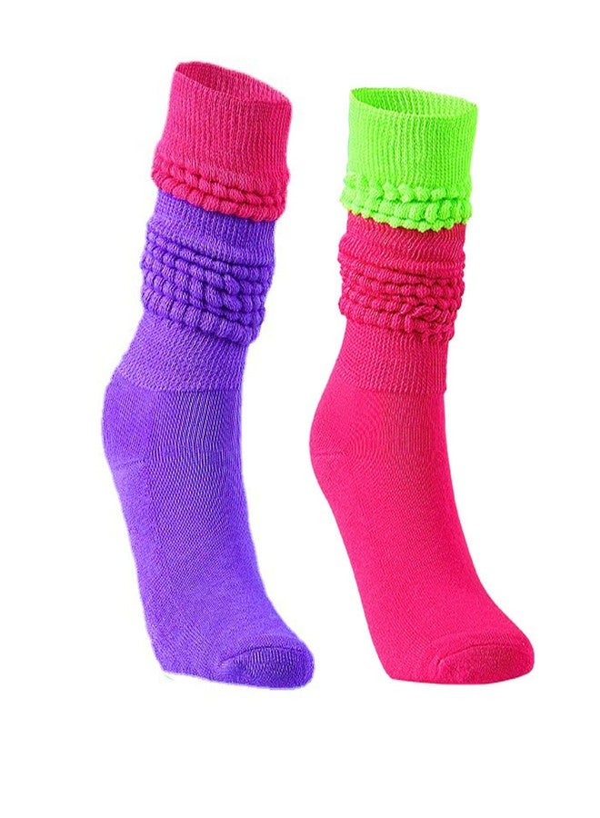 PINCHUAN 1Pairs Neon Socks for Women 80s 90s Neon Slouch Socks Women's Leg Warmers Slouch socks Pink/Green Long Sock Soft Scrunch Knee High Sock 80S neon Outfit-1pairs Color mixing - Image 1